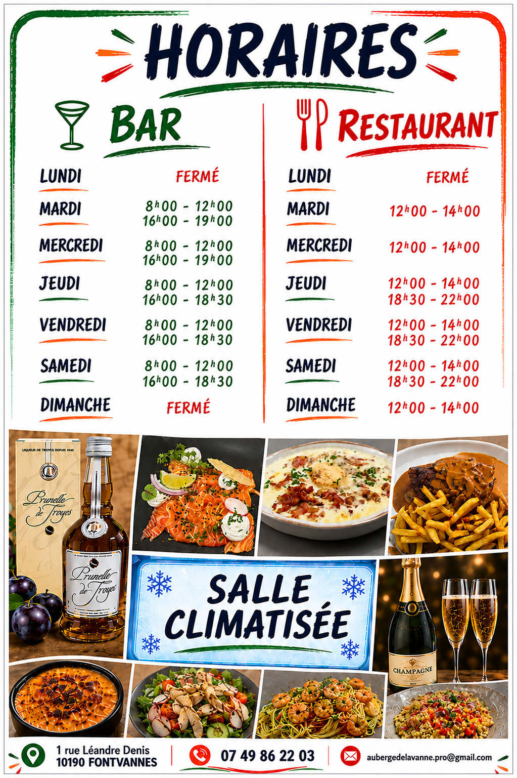 Horaires du bar et du restaurant de l’Auberge de la Vanne à Fontvannes
