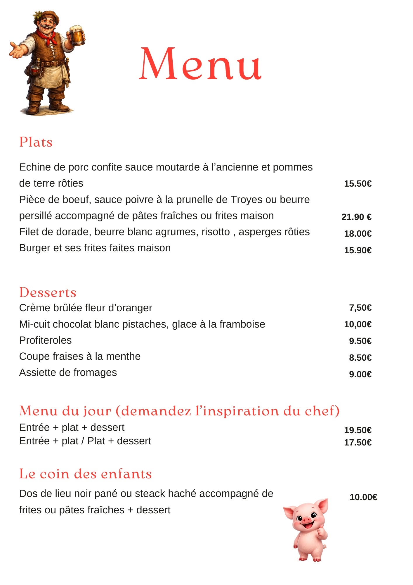 Première page de la carte de l’Auberge de la Vanne
