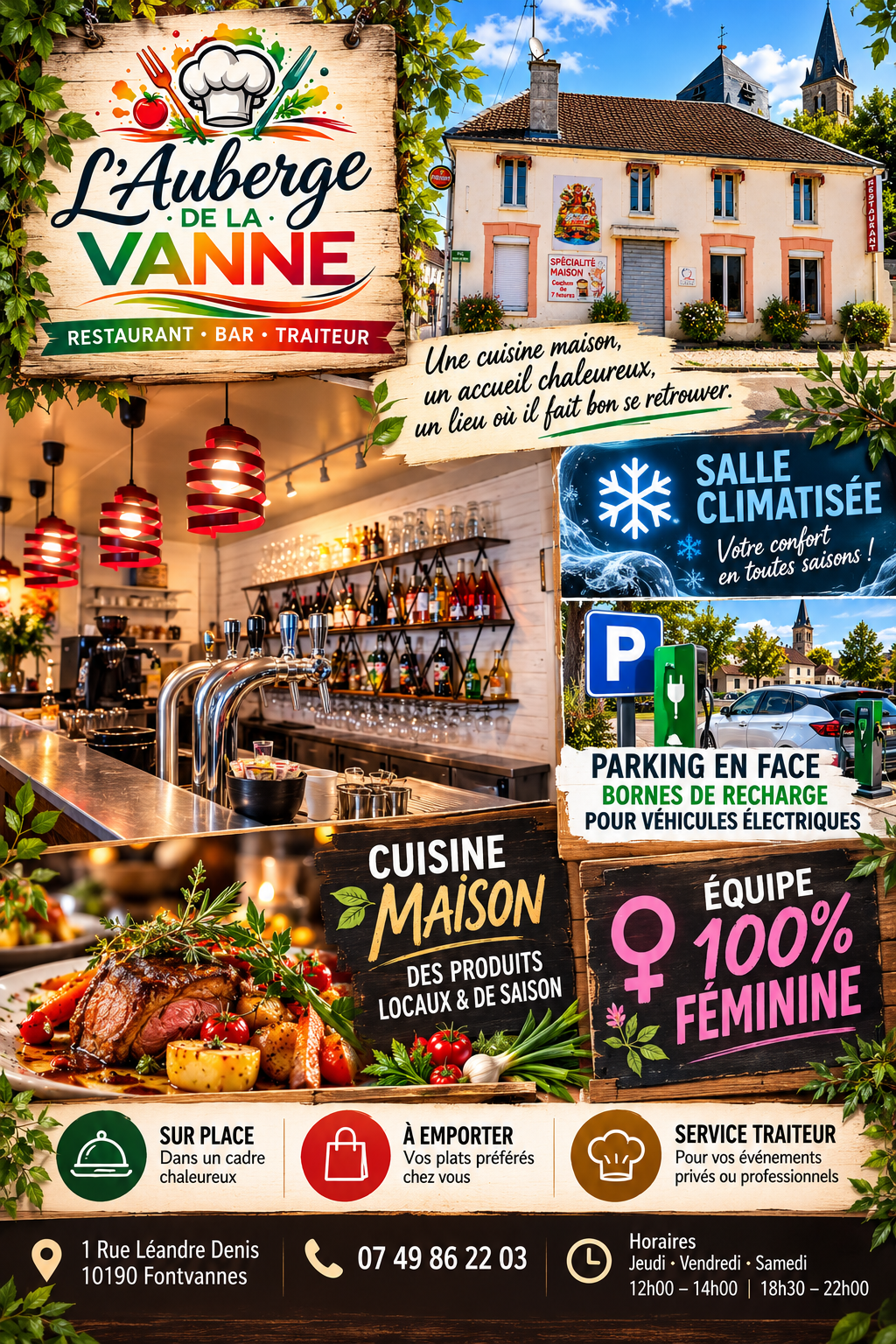 Auberge de la Vanne : restaurant, bar, traiteur, salle climatisée, bornes de recharge pour véhicules électriques à proximité, cuisine maison et informations pratiques